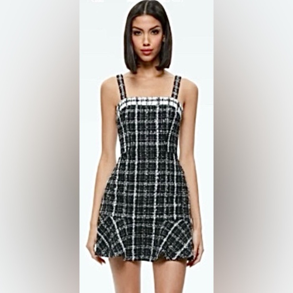 Alice+Olivia Kaidra Mini Dress Low Cut Tweed Ruffled black & white Size 14 NWT
